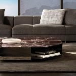 Marble-Top Modern Coffee Table with Polished Metal Base & Open Shelf