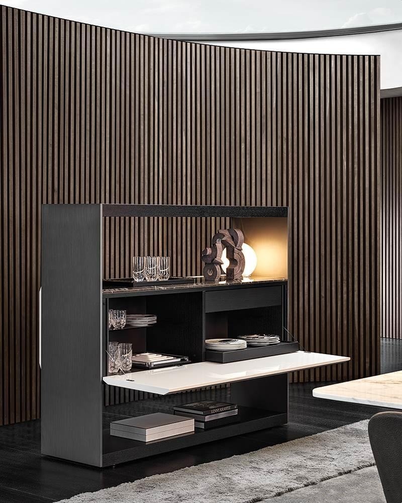 Minimalist Floating Wall Shelf Sliding Drawer Dark Wood Light Gloss Storage Unit