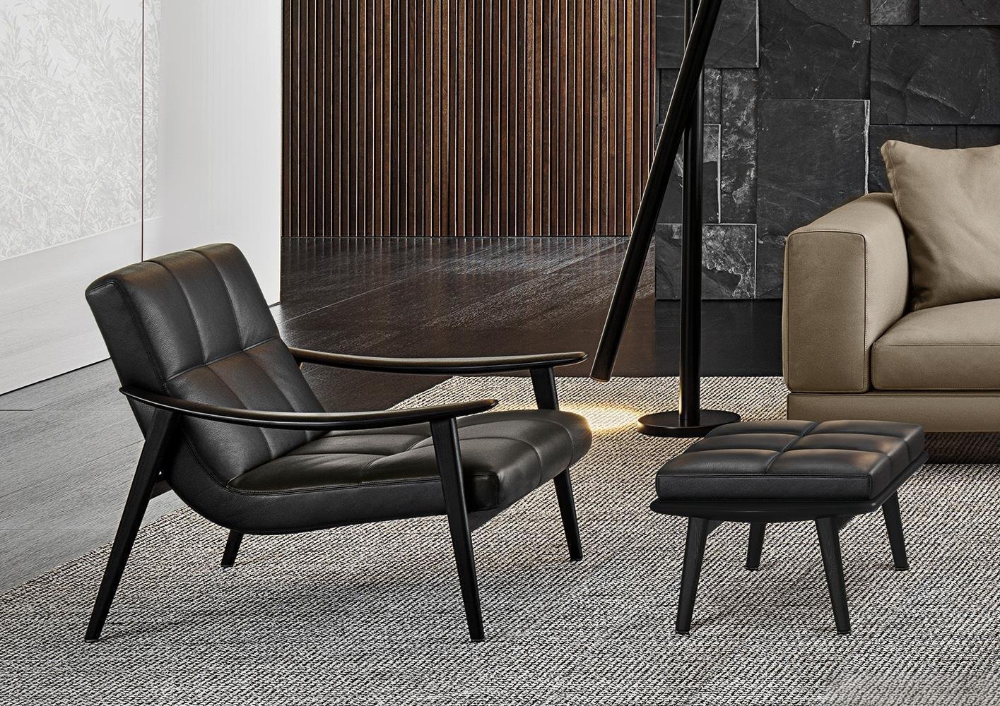 Italian Minimalist Modern Leather Black Armchair