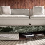 Marble-Top Modern Coffee Table with Polished Metal Base & Open Shelf
