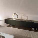 Olive Green Media Console with Marble Top Cabinet Storage and Polished Metal Base