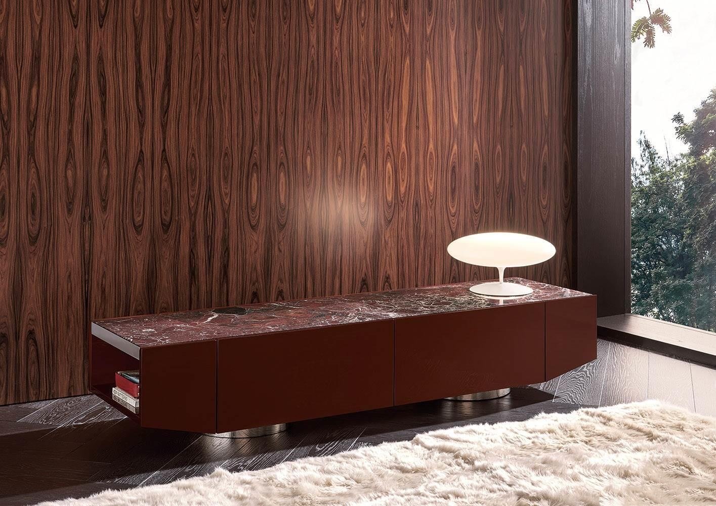 Olive Green Media Console with Marble Top Cabinet Storage and Polished Metal Base