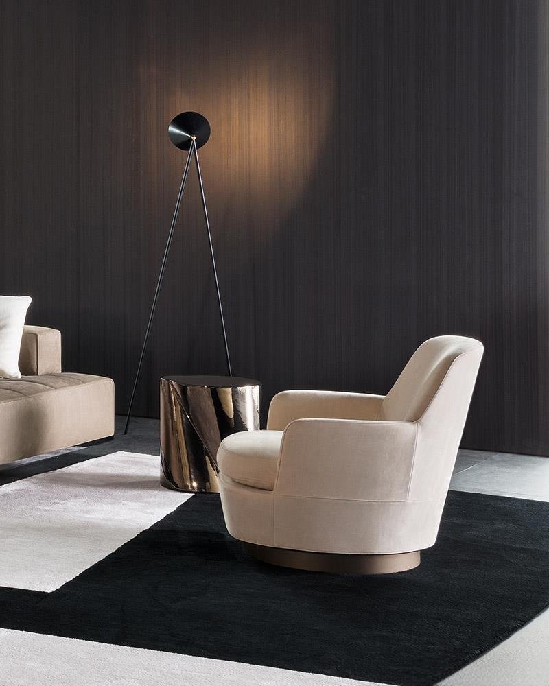 Luxury Swivel Yellow Armchair with Goose Down Cushions and Bronze Metal Base