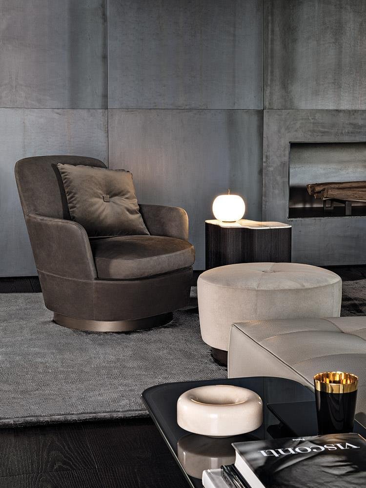 Luxury Swivel Yellow Armchair with Goose Down Cushions and Bronze Metal Base