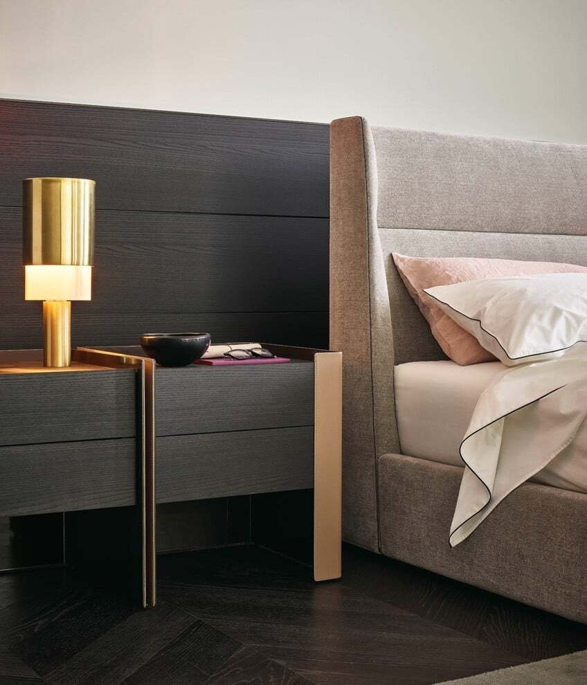 Modern Two Drawer Nightstands Dark Wood Orange Leather Accent Minimalist Bedside Tables