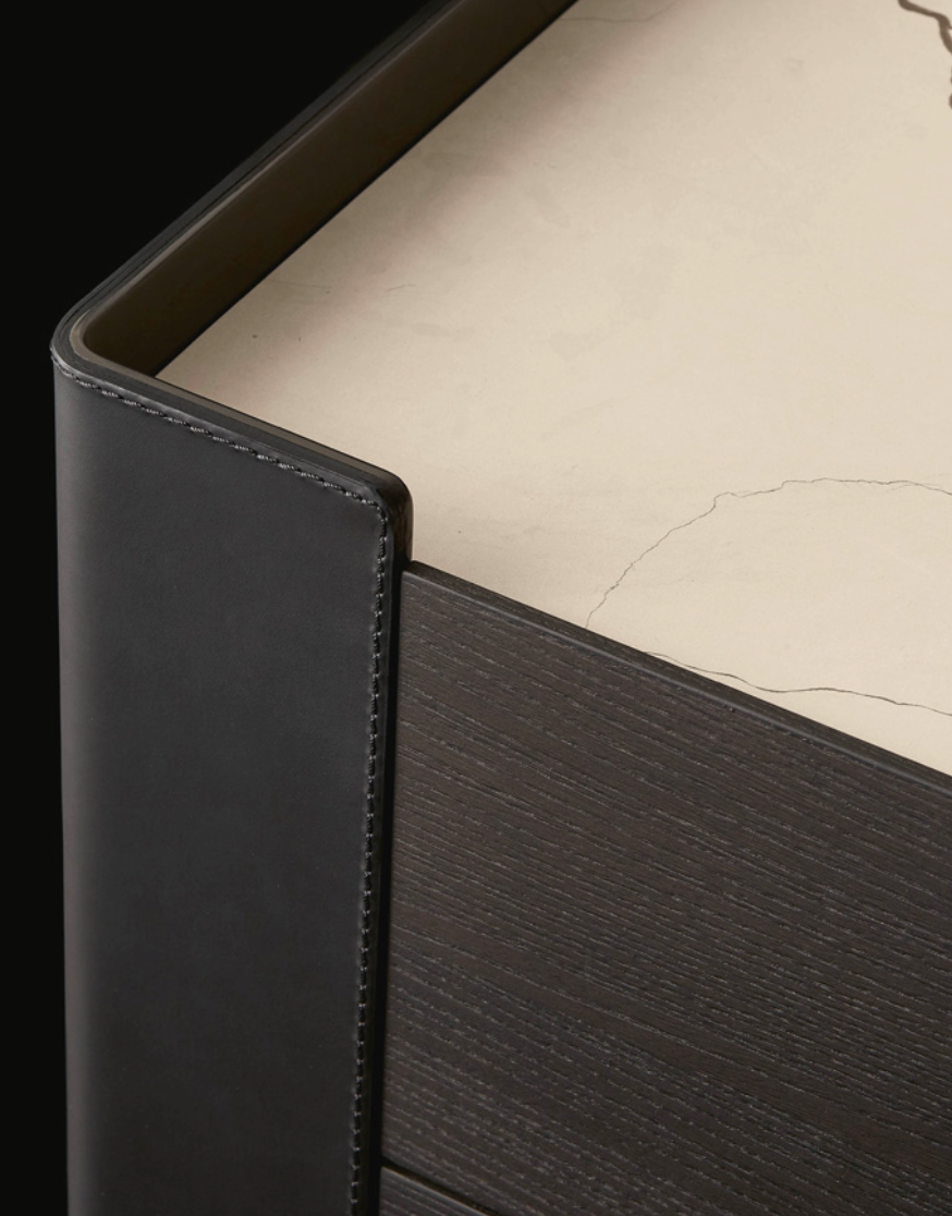 Modern Two Drawer Nightstands Dark Wood Orange Leather Accent Minimalist Bedside Tables
