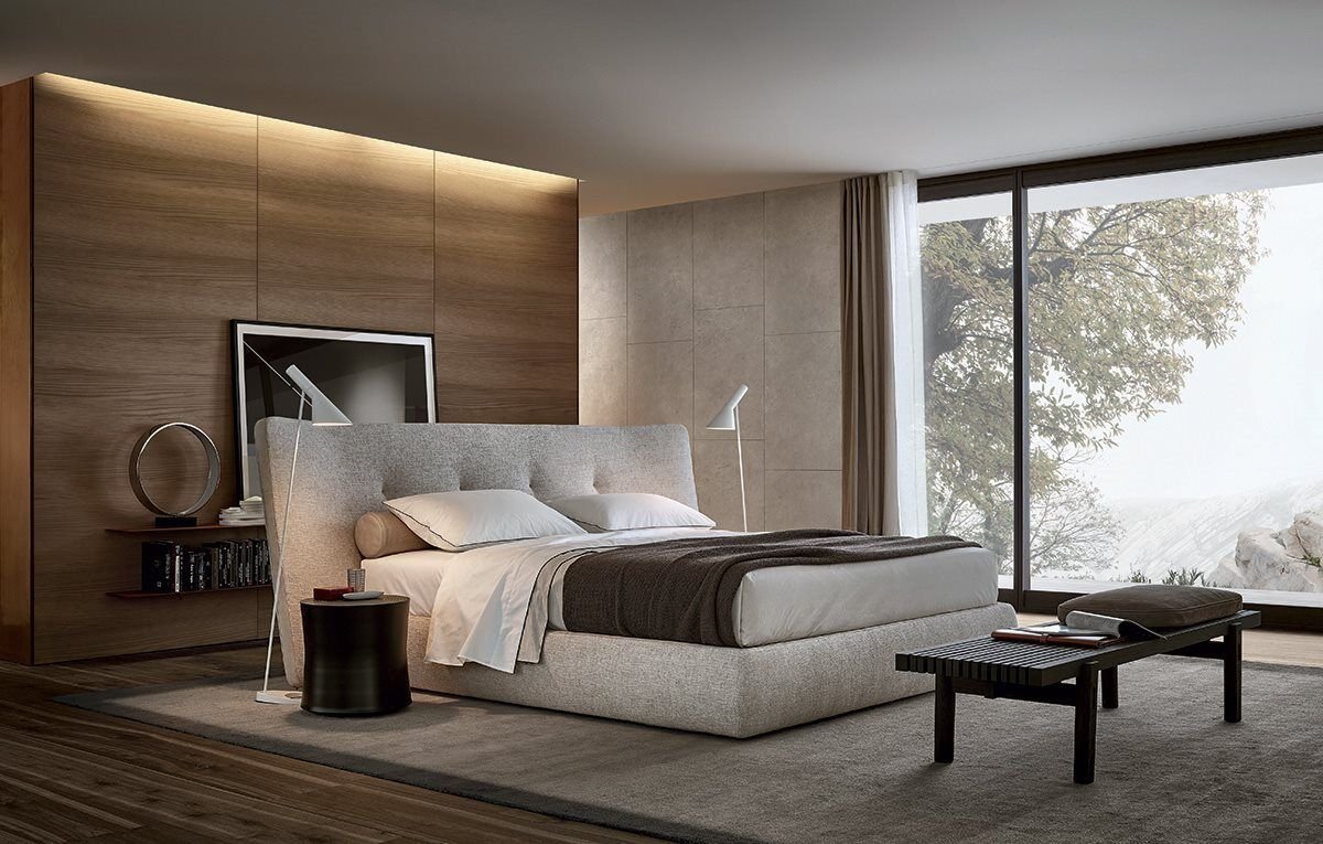Plush Gray Fabric Bed with Wingback Headboard and Soft Upholstered Design