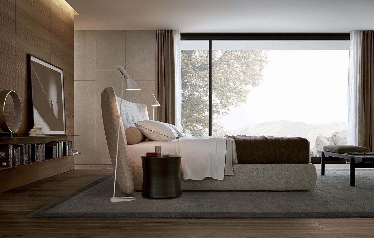 Plush Gray Fabric Bed with Wingback Headboard and Soft Upholstered Design