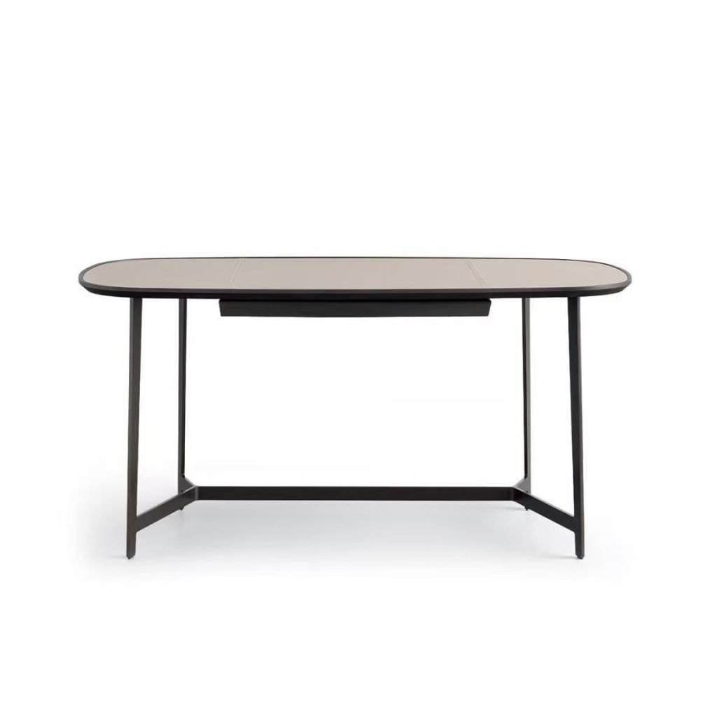 Oval Frosted Glass Dressing Table with Extendable Design and Black Metal Frame