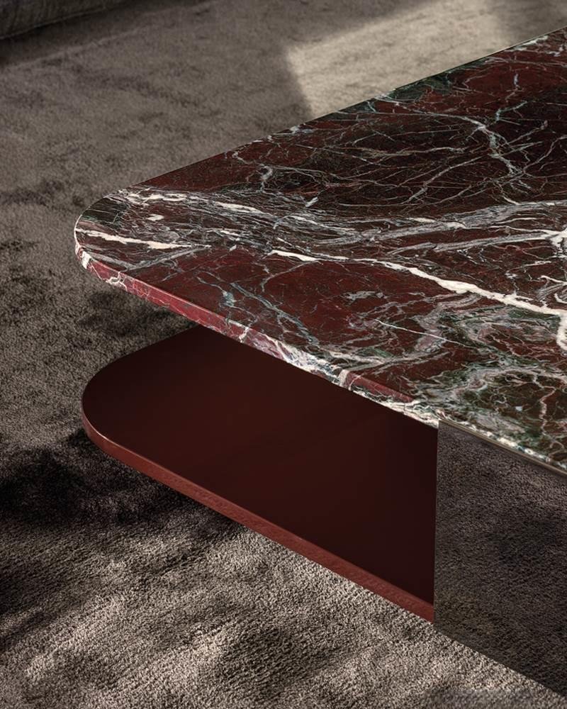 Marble-Top Modern Coffee Table with Polished Metal Base & Open Shelf