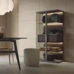 Modern Double-Door Storage Cabinet with Frosted Glass and Multiple Shelves