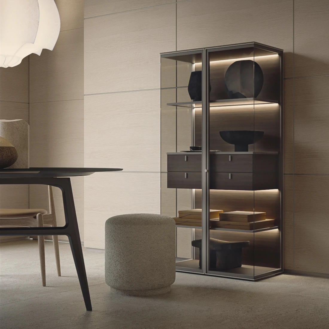 Modern Double-Door Storage Cabinet with Frosted Glass and Multiple Shelves