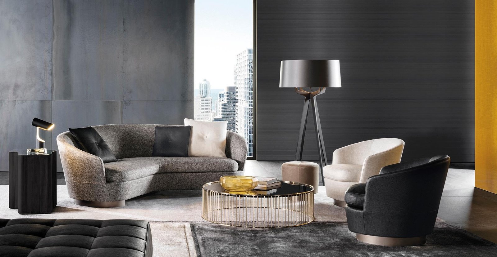 Luxury Swivel Yellow Armchair with Goose Down Cushions and Bronze Metal Base