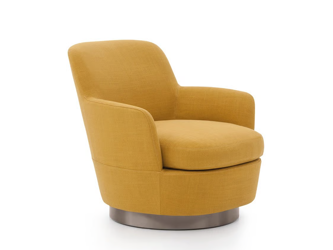 Luxury Swivel Yellow Armchair with Goose Down Cushions and Bronze Metal Base