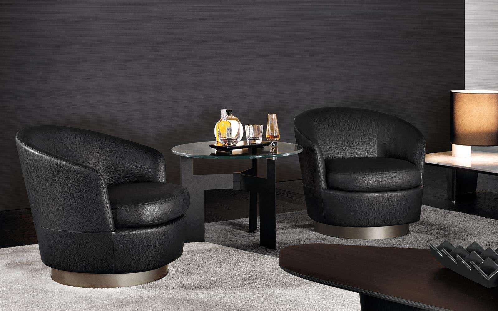 Luxury Swivel Brown Armchair with Goose Down Cushions and Bronze Metal Base