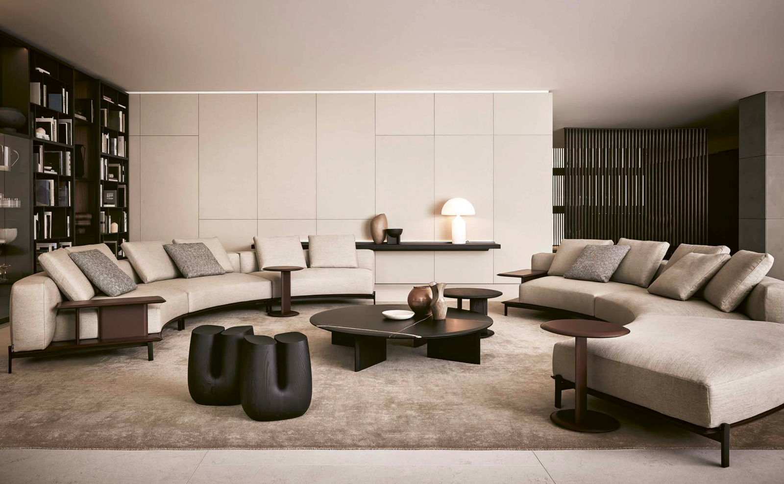Sculptural Curved Sofa with Leather-Wrapped Base and Contrast Stitch Detailing