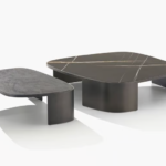 Modern Black Marble Coffee Table Set Asymmetric Metal Base