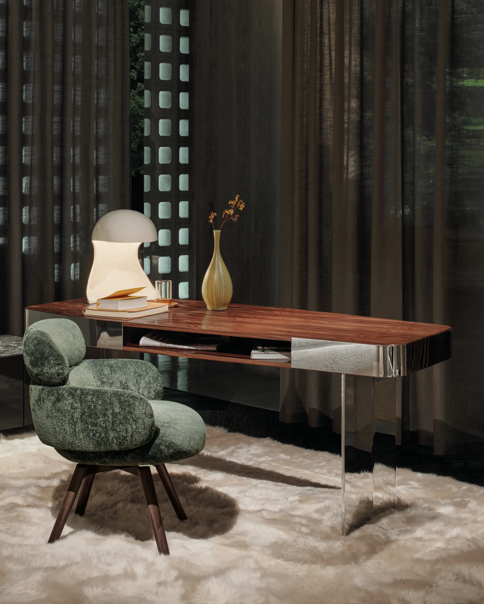 Contemporary Walnut Polished Metal Frame Accent Desk