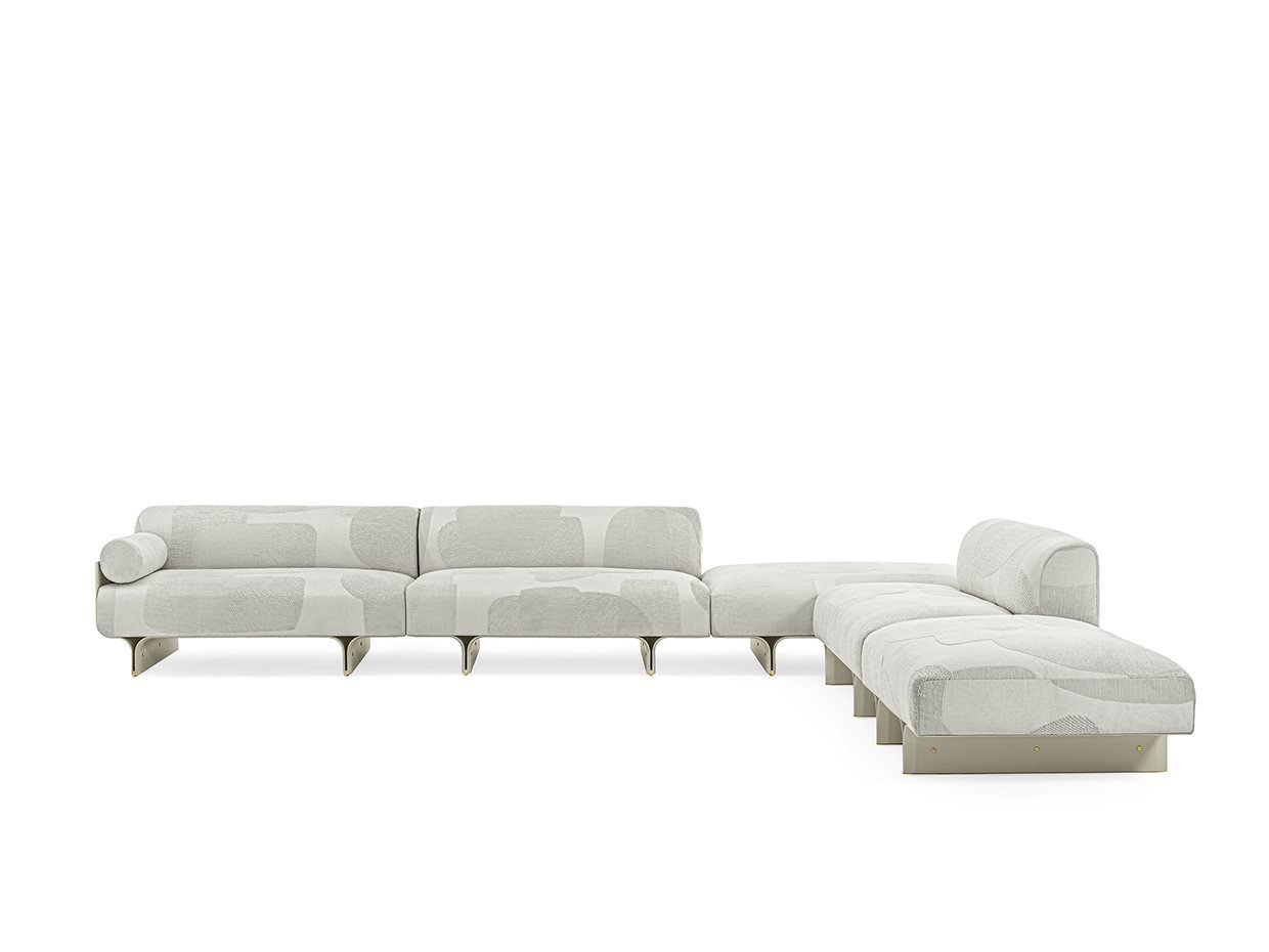 Luxury Modular Sofa Curved Wood Base Brass Accents Goose Down Cushions