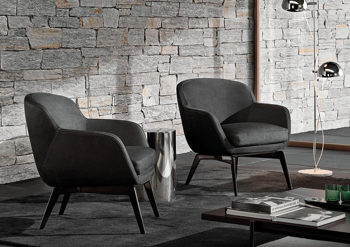 Luxury Armchair with Defining Leather Belt and Brandy Polished Aluminum Base