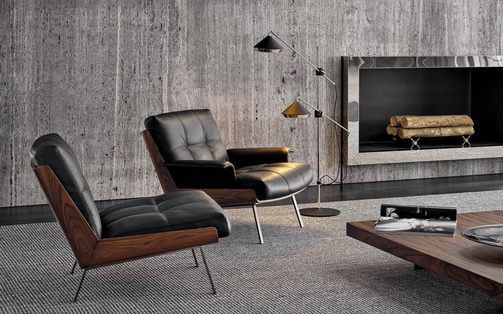 Genuine Leather Black Italian Minimalist Armchair with Wooden Legs