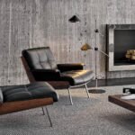 Genuine Leather Black Italian Minimalist Armchair with Wooden Legs