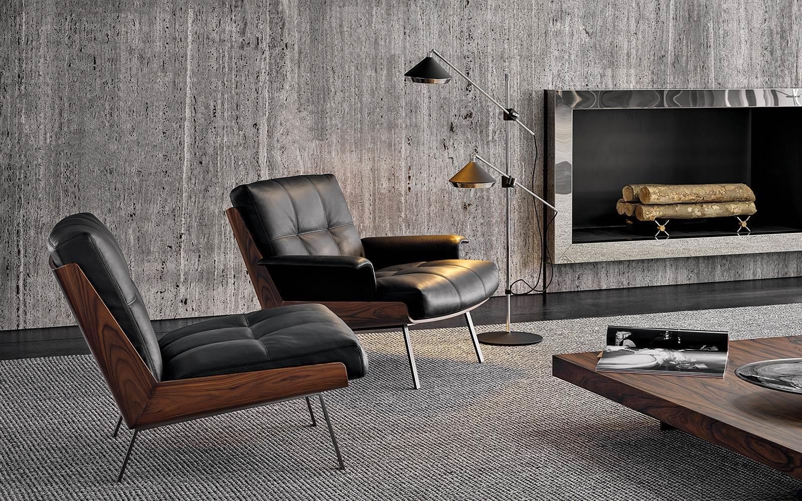 Genuine Leather Black Italian Minimalist Armchair with Wooden Legs