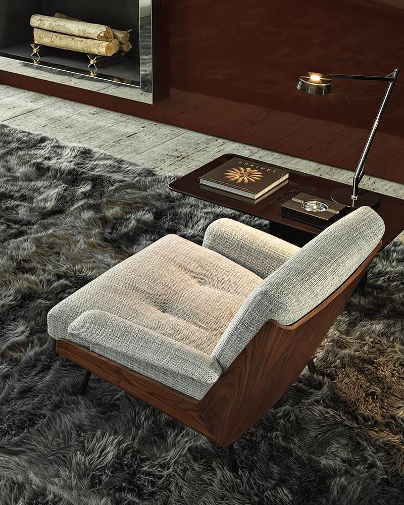 Genuine Leather Black Italian Minimalist Armchair with Wooden Legs
