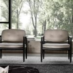 Sculpted Walnut Frame and Plush Channeled Cushioning Armchair with Footrest