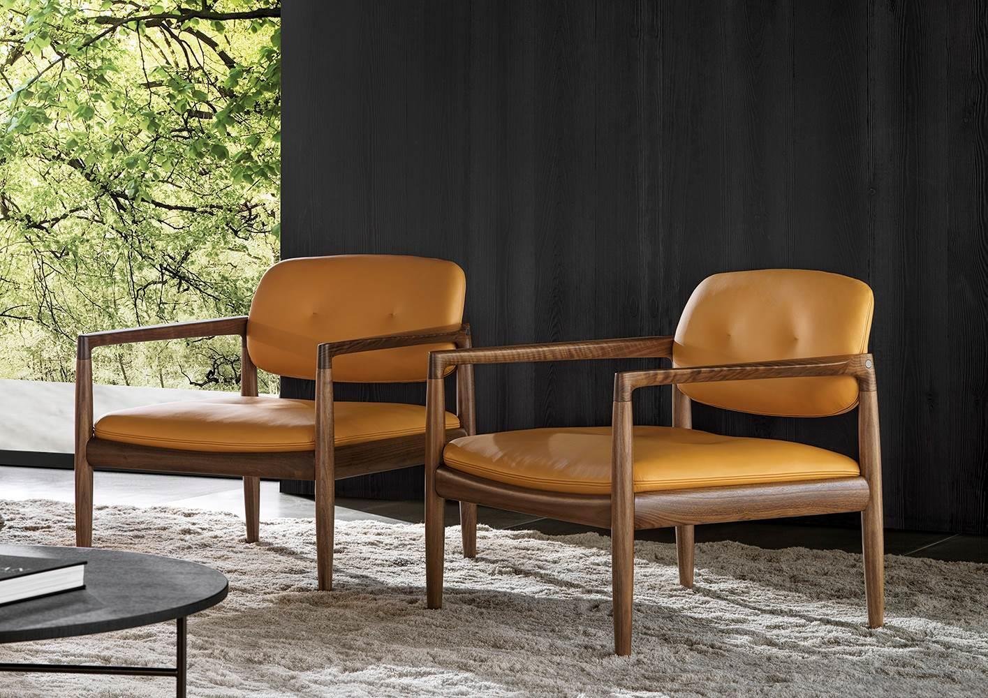 Sculpted Walnut Frame and Plush Channeled Cushioning Armchair with Footrest