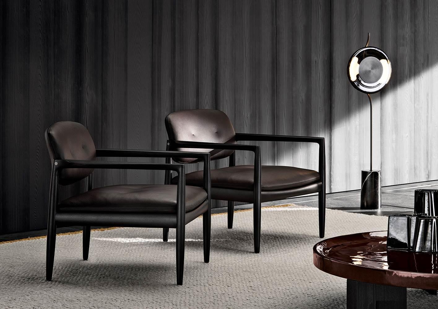Sculpted Walnut Frame and Plush Channeled Cushioning Armchair with Footrest