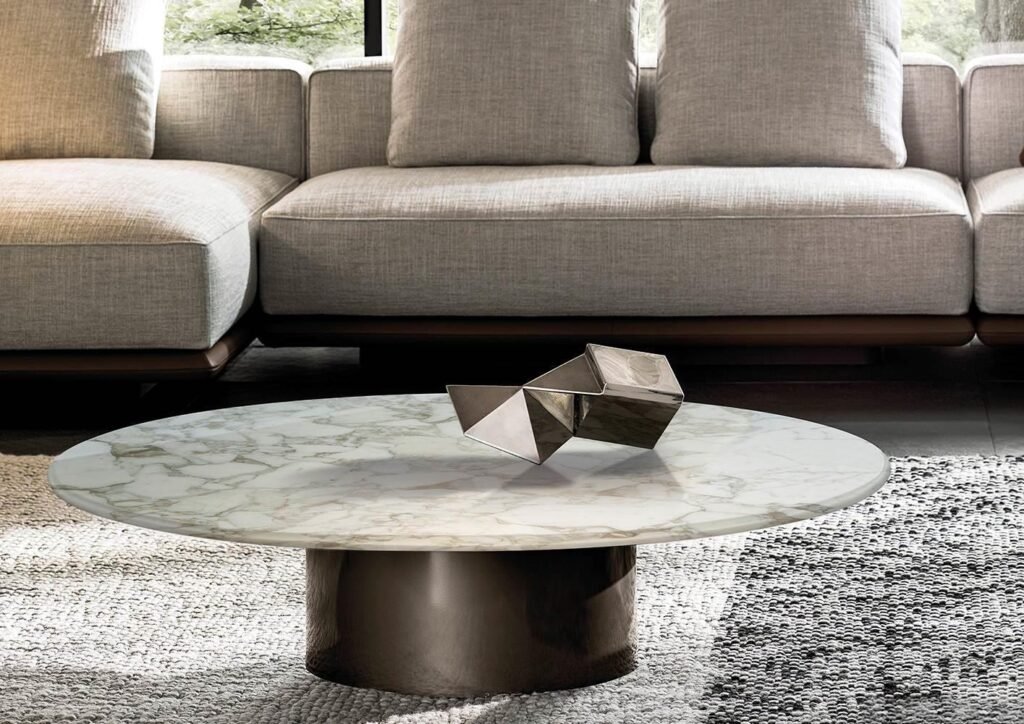 Marble Round Coffee Table with Metal Cylindrical Base
