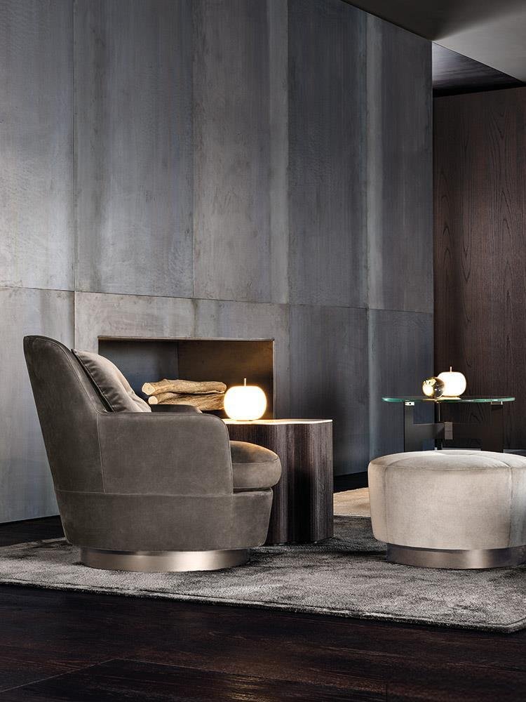 Luxury Swivel Brown Armchair with Goose Down Cushions and Bronze Metal Base
