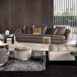 Luxury Swivel Brown Armchair with Goose Down Cushions and Bronze Metal Base