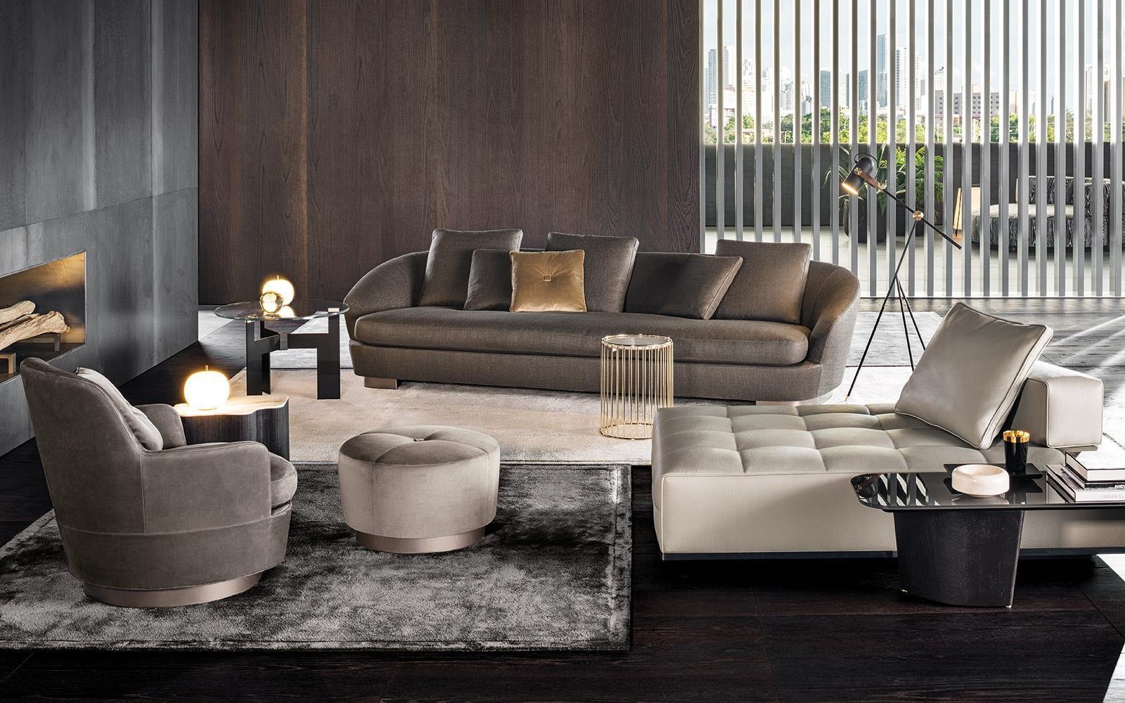 Luxury Swivel Brown Armchair with Goose Down Cushions and Bronze Metal Base