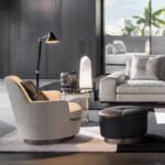 Luxury Swivel Brown Armchair with Goose Down Cushions and Bronze Metal Base