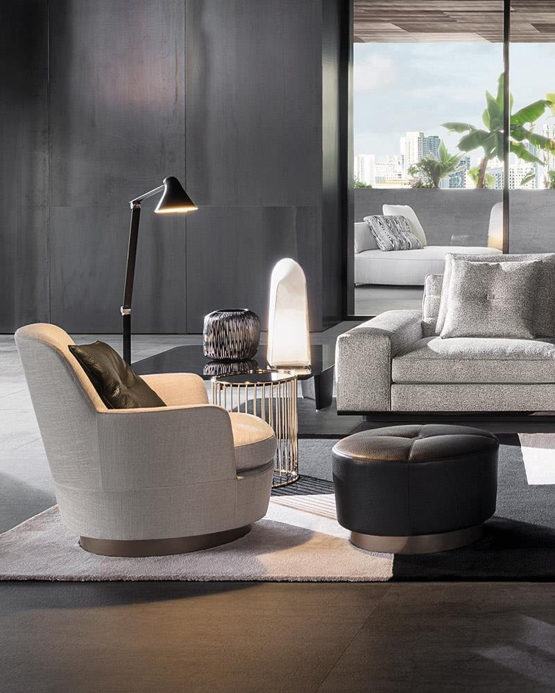 Luxury Swivel Brown Armchair with Goose Down Cushions and Bronze Metal Base