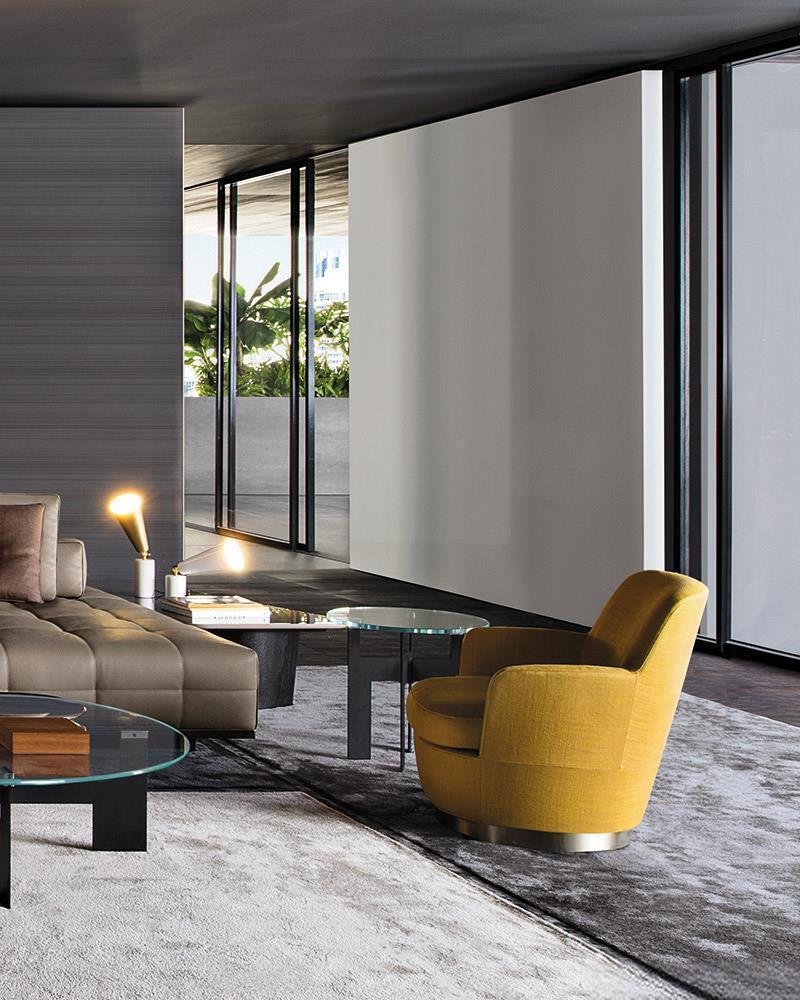 Luxury Swivel Brown Armchair with Goose Down Cushions and Bronze Metal Base