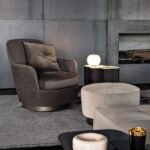 Luxury Swivel Brown Armchair with Goose Down Cushions and Bronze Metal Base