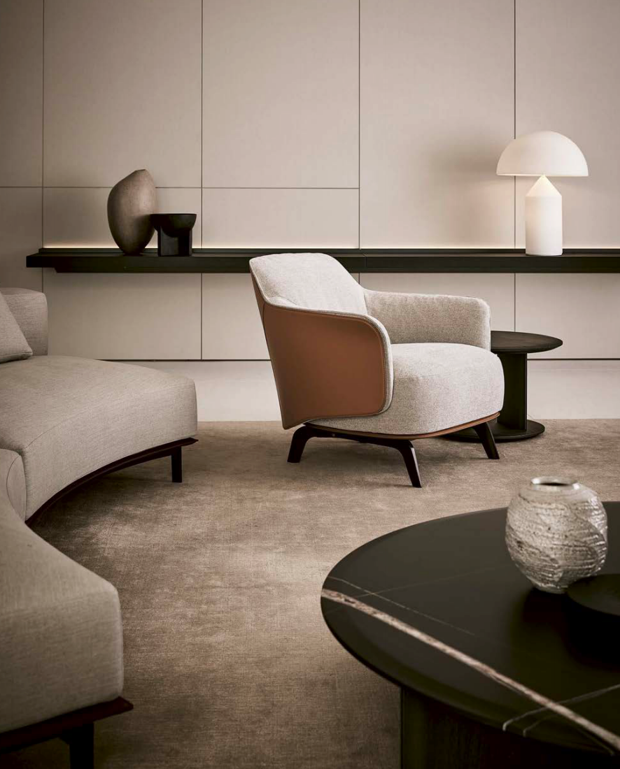 Fabric Lounge Gray Armchair with Armrests Wooden Base