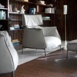 Natural Full Grain Aniline Leather Developing Patina Blue Armchair with footrest