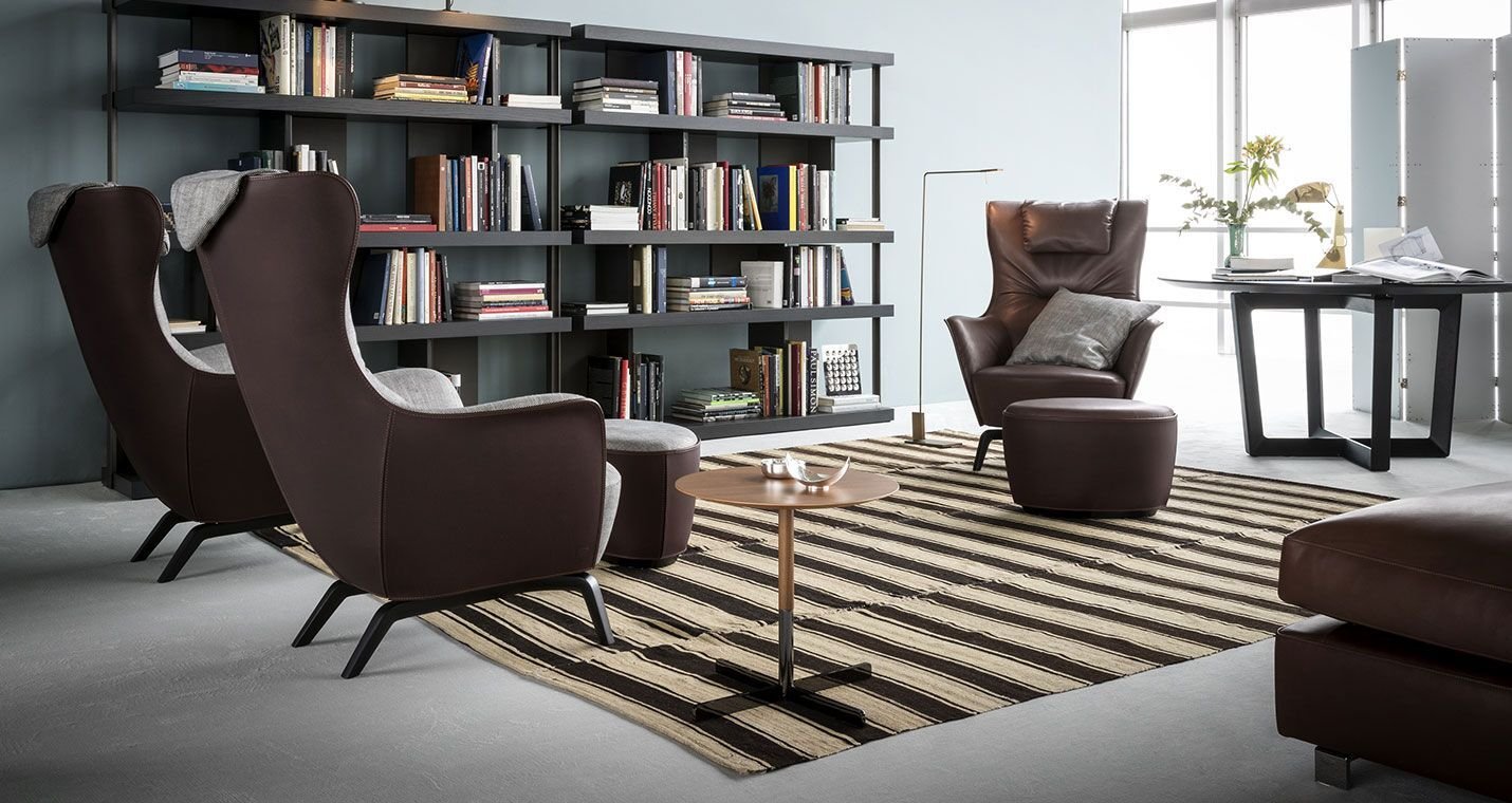 Blue Lounge Chair with Solid Wood Base Premium Leather Upholstery and Adjustable Headrest