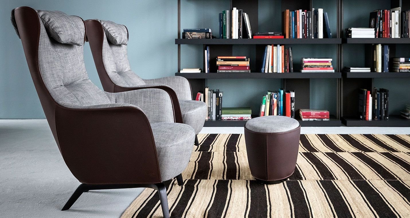 Blue Lounge Chair with Solid Wood Base Premium Leather Upholstery and Adjustable Headrest