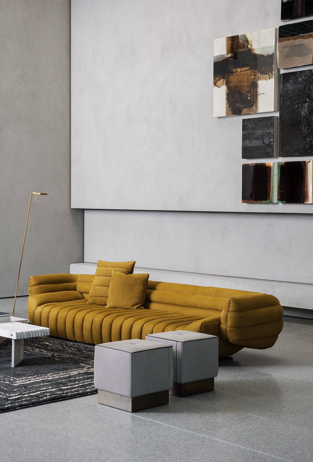 Sculptural Deconstructed Leather Sofa with Floating Elements and Artistic Quilting