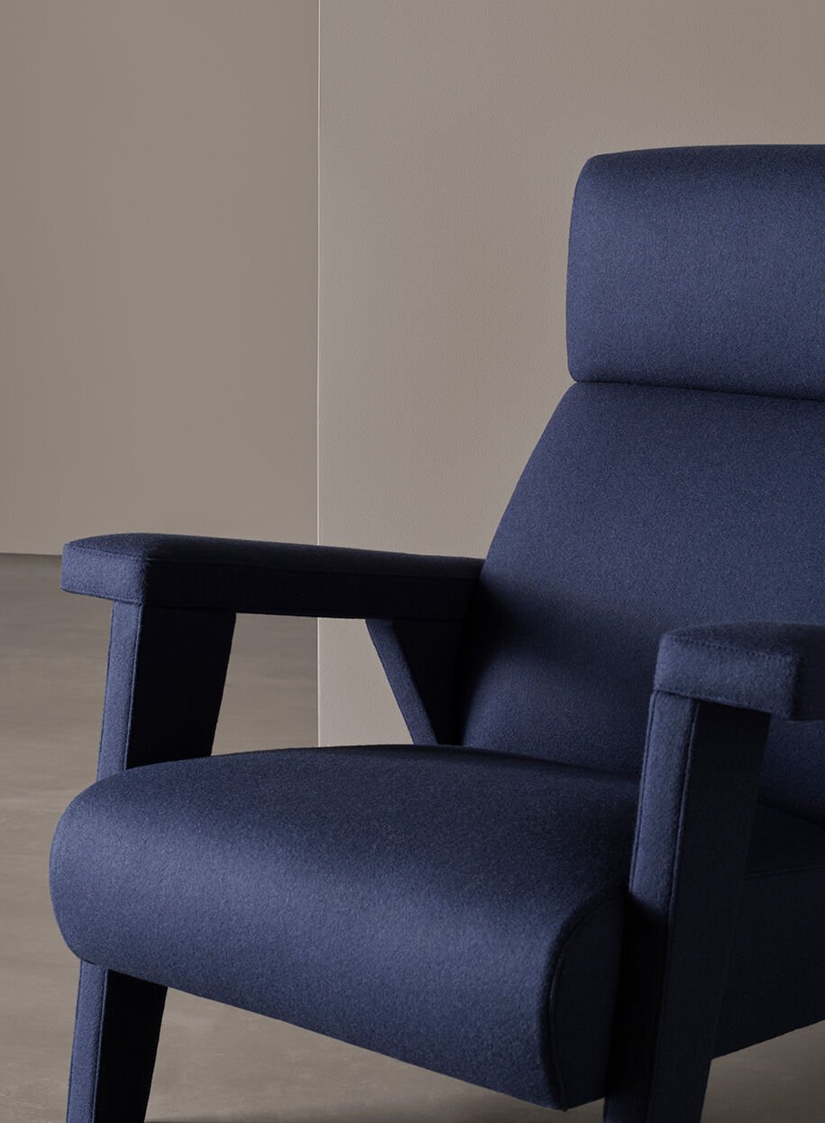 Navy Blue Fabric Accent Chair with High Back & Angled Wooden Legs