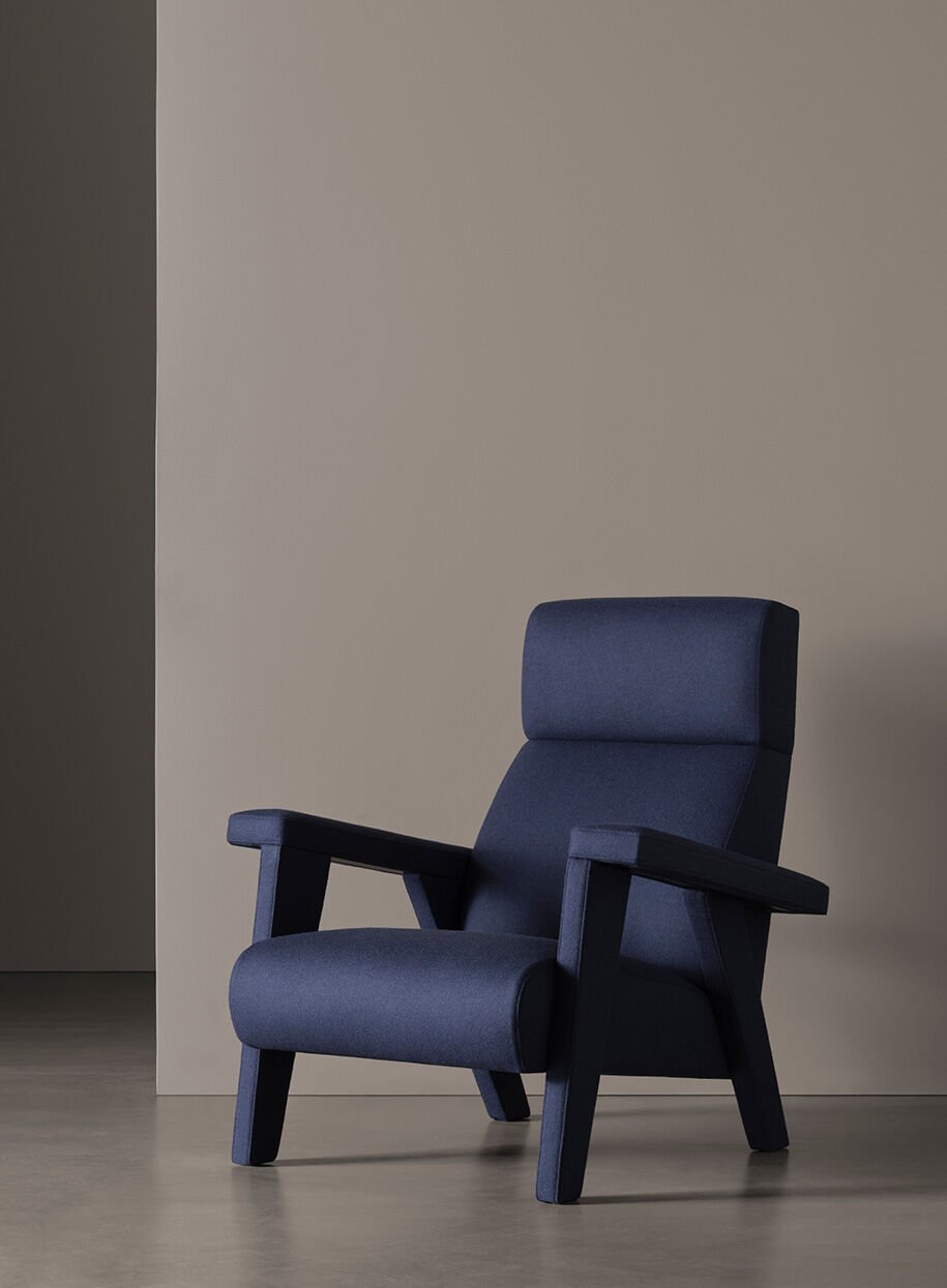 Navy Blue Fabric Accent Chair with High Back & Angled Wooden Legs