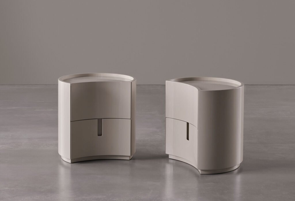 Minimalist Curved Wooden Nightstands Taupe Bedside Storage Cabinets with drawers