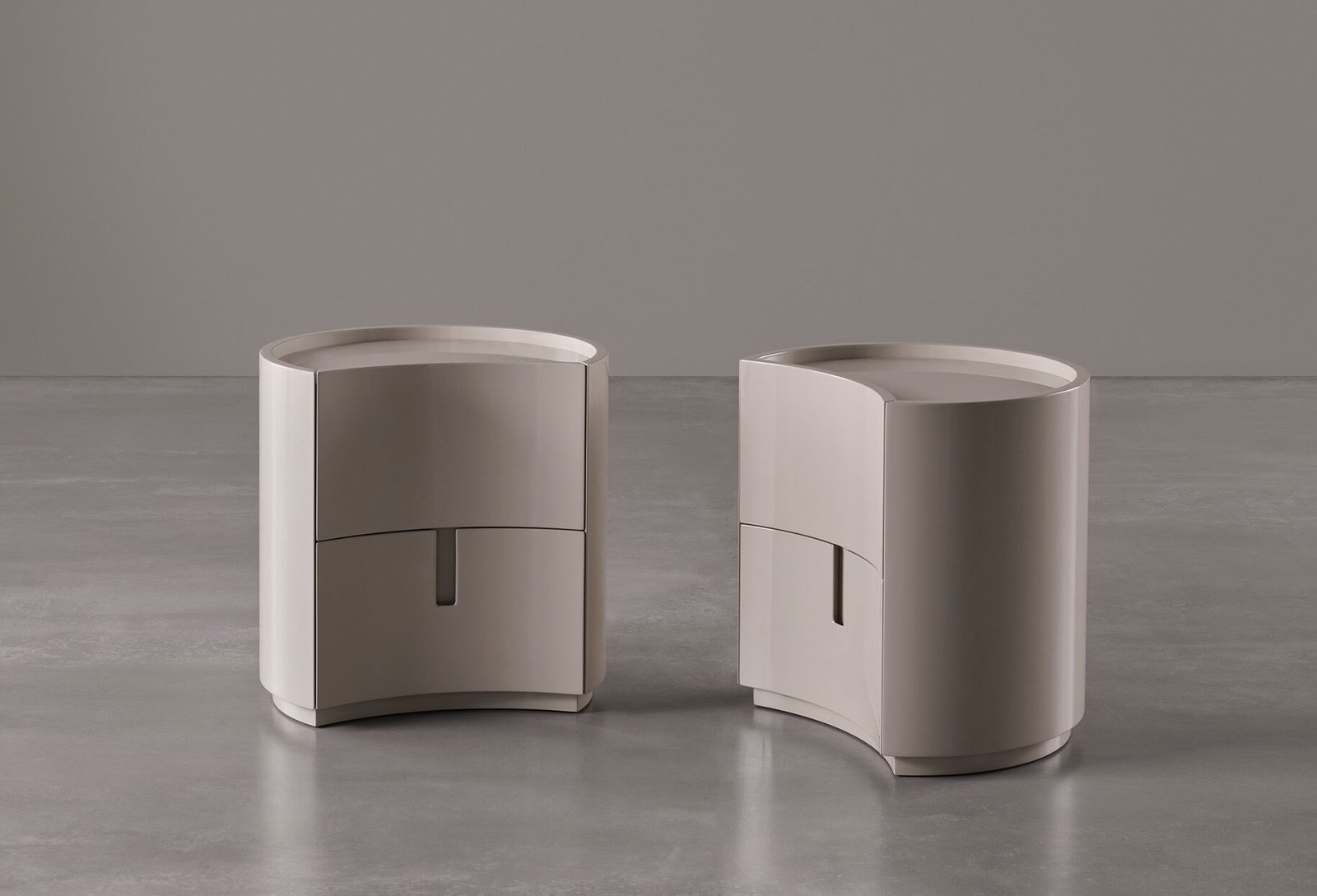 Minimalist Curved Wooden Nightstands Taupe Bedside Storage Cabinets with drawers
