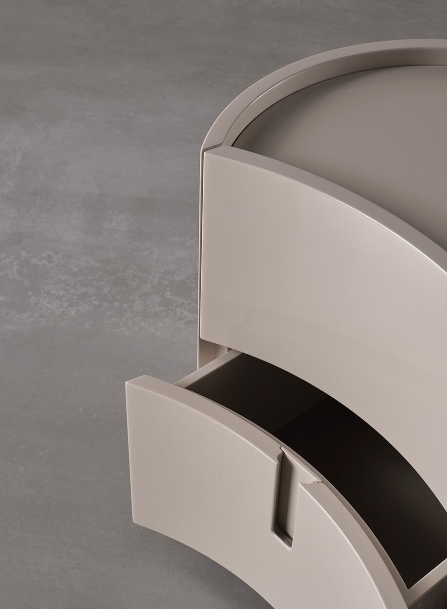 Minimalist Curved Wooden Nightstands Taupe Bedside Storage Cabinets with drawers