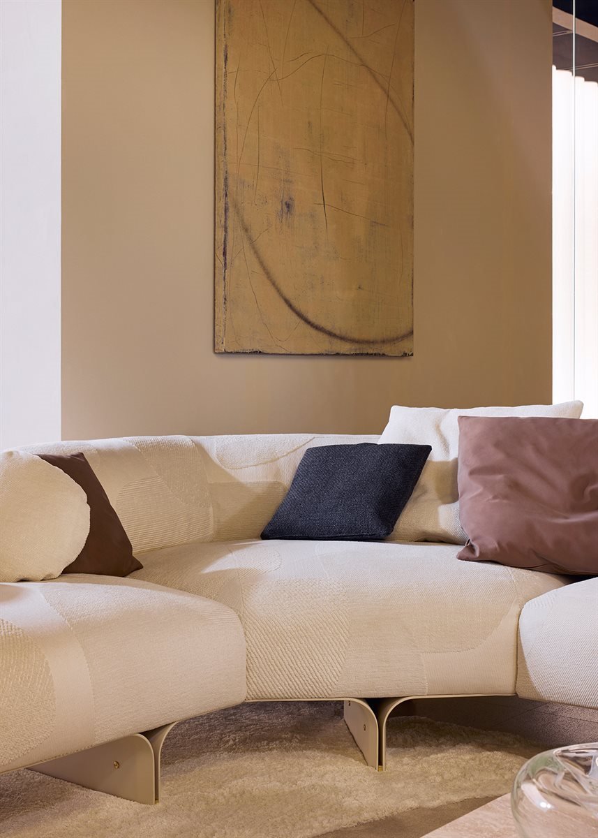 Luxury Modular Sofa Curved Wood Base Brass Accents Goose Down Cushions